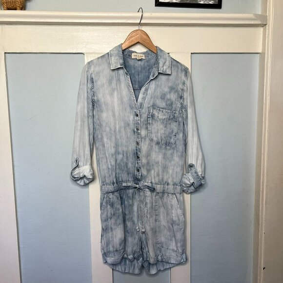 Cloth & Stone Anthropologie Collared Piper Blue and White Striped and Bleached C - Picture 2 of 10